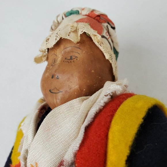 Vintage Handmade Composition 12" Doll Ethnic Woman Blue Red Dress Bonnet Cloth - Picture 3 of 10